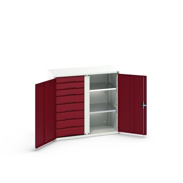 bott verso Flügeltürschrank mit Schubladen, mit 2 Fachböden und 8 Schubladen, 3x100mm/5x125mm, BxTxH: 1050x550x1000 mm, Lichtgrau/Purpurrot, 16926558.24