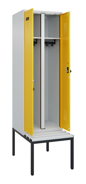 C+P Schwarz-Weiß-Spind Evolo PLUS, Bank, 2 Abteile, 2120x600x815mm, 7035/1023, Drehriegel, Sitzfläche Kunststoff, Sitzbank, 0490527-20 S10055