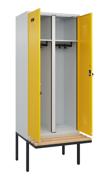 C+P Schwarz-Weiß-Spind Evolo PLUS, Bank, 2 Abteile, 2120x800x815mm, 7035/1023, Drehriegel, Sitzfläche Holz, 0490427-22 S10001
