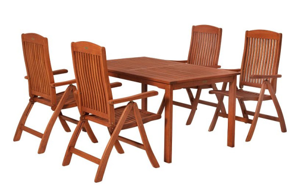 Merxx Maracaibo Set 5-teilig, 4 Maracaibo Klappsessel, Rückenlehne 5-fach verstellbar, 1 Tisch 150 x 90 cm, FSC Eukalyptusholz, 51079-011