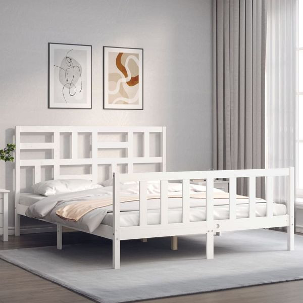 vidaXL Massivholzbett mit Kopfteil Weiß, 3193082, 8720845982522