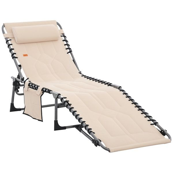 Outsunny Sonnenliege, Faltbare Gartenliege, Klappliege mit Kissen, 5-stufige Rückenlehne, Oxfordstoff, 188 x 57 x 30 cm, Beige, 84B-841BG