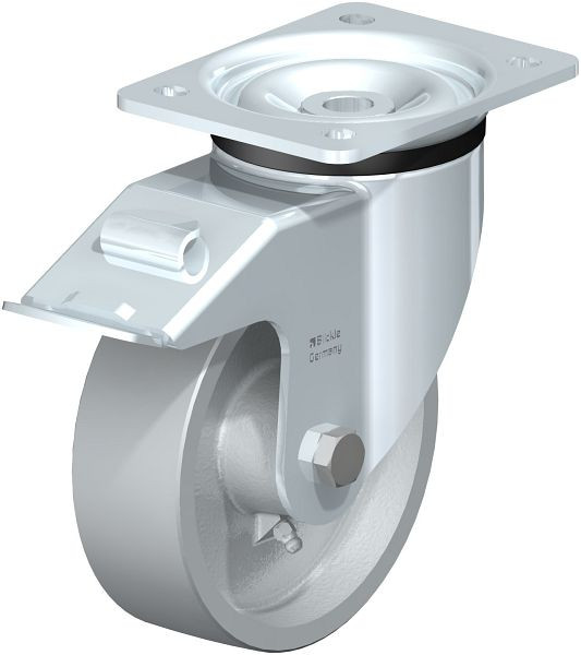 Blickle LK-G 150G-FI Stahlblech-Lenkrolle, schwere Ausführung, mit Anschraubplatte & Feststeller, Guss, Grau, 635698