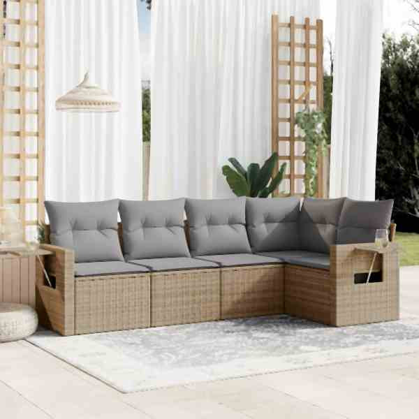 vidaXL 5-tlg. Garten-Sofagarnitur mit Kissen Beige Poly Rattan, UV-beständig, 3220128