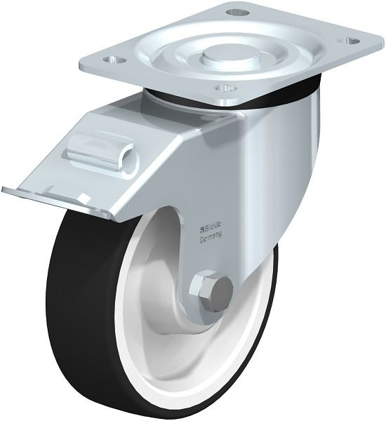Blickle L-POTH 150R-FI Stahlblech-Lenkrolle, mittelschwere Ausführung, mit Anschraubplatte & Feststeller, Thermoplastisches Polyurethan, Grau, 61549