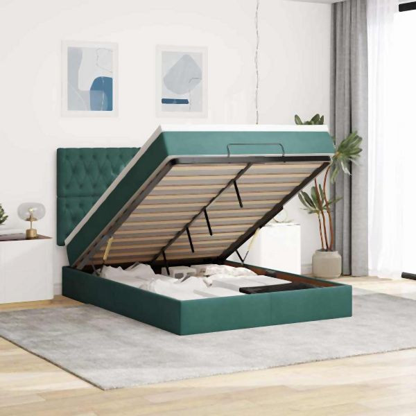 vidaXL Ottoman-Bett mit Matratzen & LEDs Dunkelgrün 140x190 cm Samt, 3314393