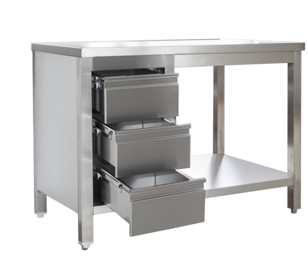 A&S Gastro Edelstahl Arbeitstisch mit Schubladenblock links verschweißt, Tiefe 700mm, mit Grundboden, AISI 304, 900 x 700 x 850 mm, ARTGSL097