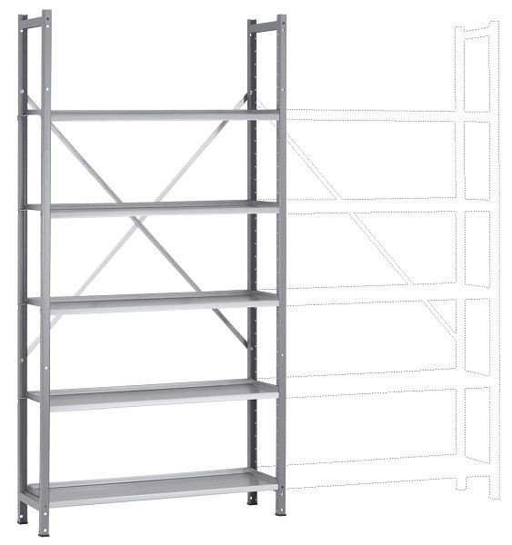 Manuflex Büro-Steck-Grundregal mit 5 pulverbeschichteten Stahlböden, HxBxT = 1900 x 960 x 300 mm, alusilber, RA3151.9006
