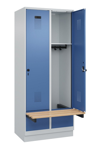 C+P Spind Evolo PLUS, 2 Abteile, 1950x800x815mm, 7035/5023, Drehriegel, Sitzfläche Holz, Sitzbank auskragend Sockel, 049040-22 S10008