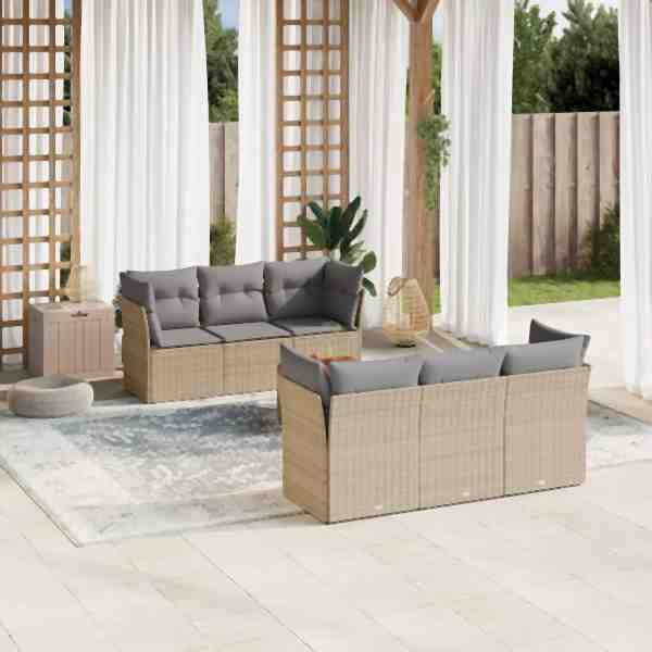 vidaXL 7-tlg. Garten-Sofagarnitur mit Kissen Beige Poly Rattan, UV-beständig, 3223490