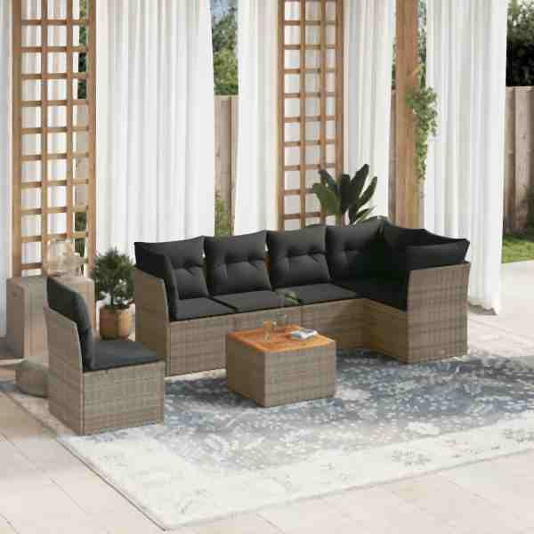 vidaXL 7-tlg. Garten-Sofagarnitur mit Kissen Grau Poly Rattan, UV-beständig, 3255997
