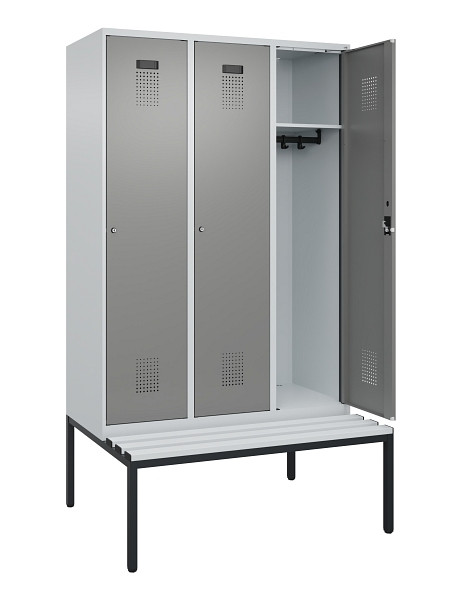 C+P Spind Evolo PLUS, 3 Abteile, 2120x1200x815mm, 7035/0004, Haken 4, Zylinderschloss, Sitzfläche Kunststoff, Sitzbank, 0490507-32 S10095