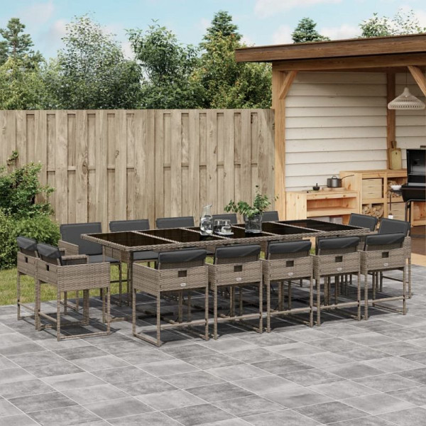 vidaXL 15-teilig Garten-Essgruppe mit Kissen Grau Poly Rattan, 3211412