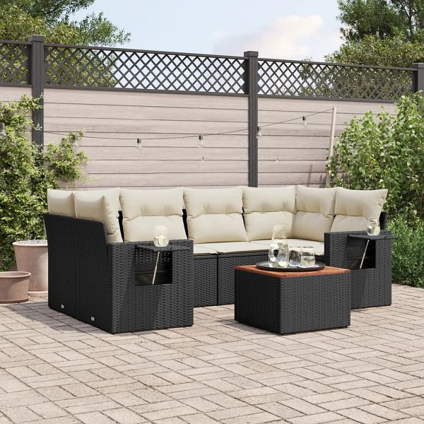 vidaXL 7-teilig Garten-Sofagarnitur mit Kissen Schwarz Poly Rattan, 3224460