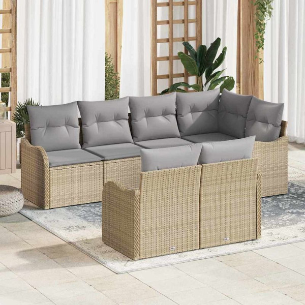 vidaXL Garten-Sofa-Set mit Kissen, 7er Set, Beige Poly Rattan, 3345740