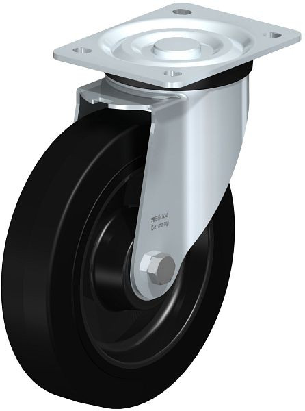 Blickle L-POEV 200XK Stahlblech-Lenkrolle, mittelschwere Ausführung, mit Anschraubplatte, Elastik-Vollgummi, Schwarz, 850750