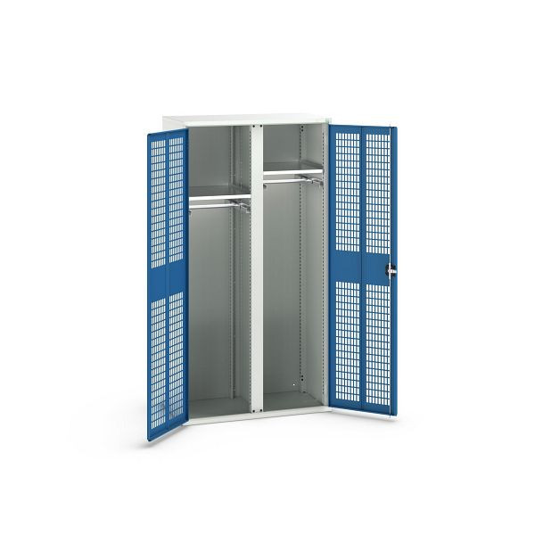 bott verso Garderobenschrank mit Belüftung, mit 2 Fachböden und Trennwand, BxTxH: 1050 x550 x 2000 mm, Lichtgrau / Enzianblau, 16926773.11