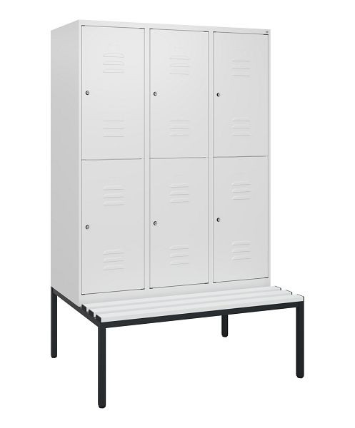 C+P Doppelstöckiger Spind Classic PLUS, 3 Abteile, 1950x1200x815mm, 9016/9016, Zylinderschlösser, mit untergebauter Sitzbank, 0803505-32 S10089
