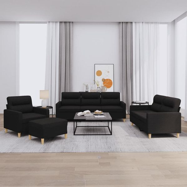 vidaXL 4-teilig Sofagarnitur mit Kissen Schwarz Stoff, 3201548