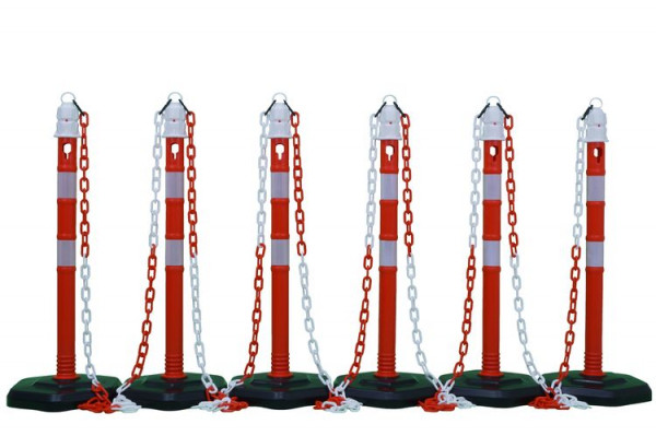 Kettenpfosten 6er-Set "Jumbo" aus Kunststoff, Höhe: 1m, Ø63mm, inklusiv Absperrkette, rot/weiß, retroreflektierende Streifen, 11740