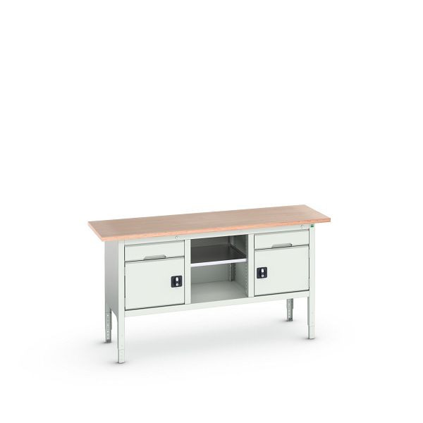 bott verso Kastenwerkbank (Multiplex-Platte) 2 Schubladen, 2 Türen und 1 Ablageboden, BxTxH: 1750 x 600 x 830 - 930 mm, Lichtgrau / Lichtgrau, 16923021.16