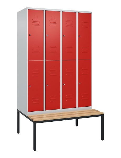C+P Doppelstöckiger Spind Classic PLUS, 4 Abteile, 2120x1200x815mm, 7035/3020, Zylinderschlösser, Buche-Sitzleisten, Sitzbank, 0803507-40 S10092