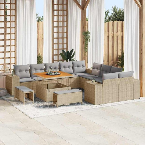 vidaXL Garten-Sofa-Set 13-teilig Beige Poly-Rattan, 3362057