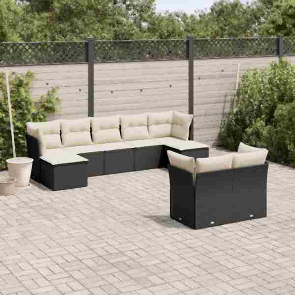 vidaXL 9-tlg. Garten-Sofagarnitur mit Kissen Schwarz Poly Rattan, UV-beständig, 3218306