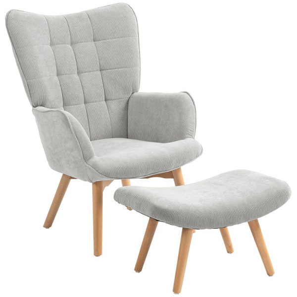 HOMCOM Akzentsessel mit Hocker, Relaxsessel in Cord-Optik, Armlehnstuhl mit Holzbeinen, für Wohnzimmer, Grau, 839-455V00GY