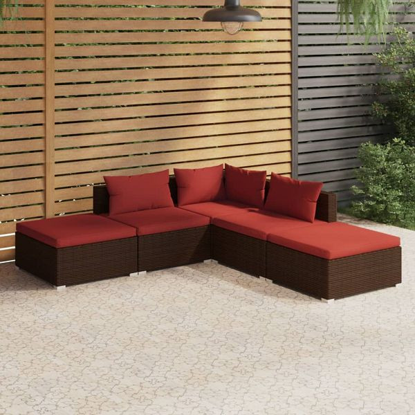 vidaXL 5-tlg. Garten-Lounge-Set mit Kissen Poly Rattan Braun, 3101611