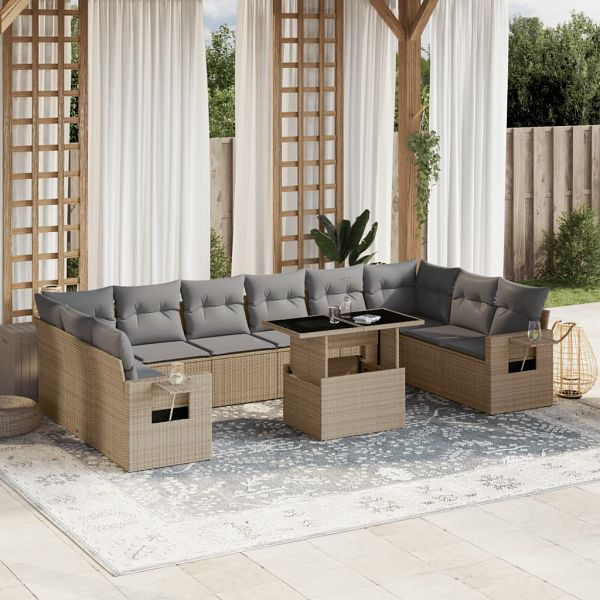 vidaXL 11-teilig Garten-Sofagarnitur mit Kissen Beige Poly Rattan, 3268149