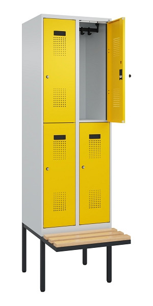 C+P Doppelstock-Spind Evolo PLUS, Bank, 4 Fächer, 2120x600x815mm, 7035/1023, Zylinderschloss, Sitzfläche Buche-Hartholz, 0493407-20 S10028