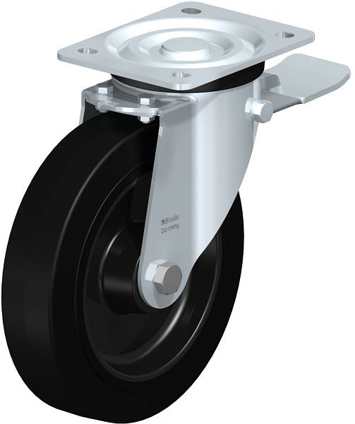 Blickle L-POEV 200XR-ST Stahlblech-Lenkrolle, mittelschwere Ausführung, mit Anschraubplatte & Feststeller, Elastik-Vollgummi, Schwarz, 850725