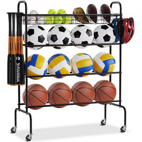 VEVOR Basketballständer, 4-lagiger rollend, Aufbewahrungsorganisator für Sportgeräte mit Rädern, Haken und Körben, für Fußball, Fuß, ZSSNJ411849YBQ2O4V0