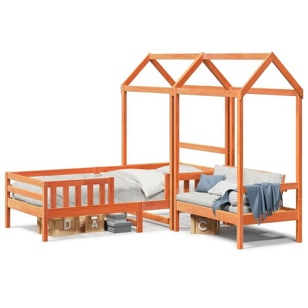 vidaXL Massivholzbett und Bank mit Dach Orange 80x200 cm Kiefernholz, 3282179