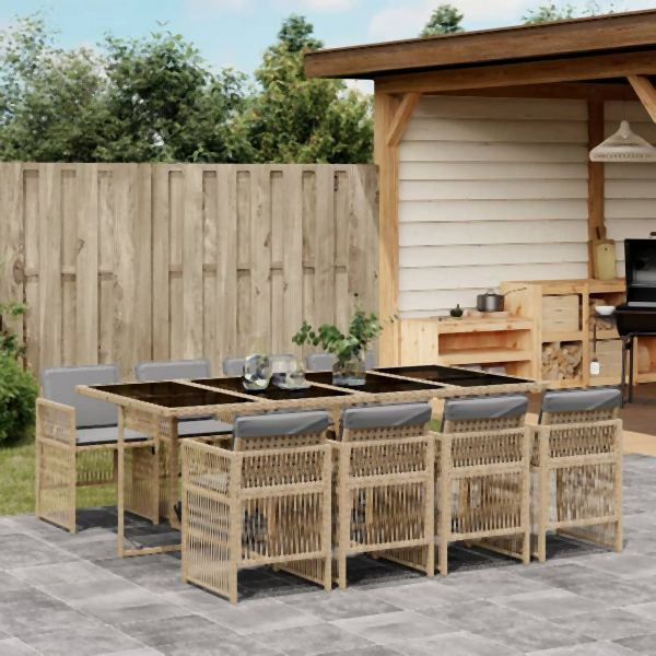 vidaXL 9-tlg. Garten-Essgruppe mit Kissen Beigemischung Poly Rattan, 3210924