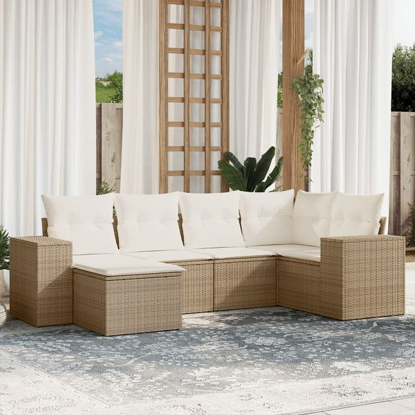 vidaXL 6-teilig Garten-Sofagarnitur mit Kissen Beige Poly Rattan, 3222857