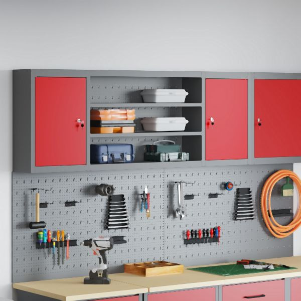 vidaXL Werkzeugschrank Wandmontage mit Pegboard Rot 150x20x55 cm Stahl, 4103476