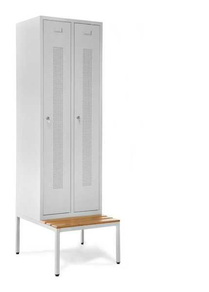 Deskin Garderobenspind SYSTEM SP1 mit Sitzbank, Korpus und Türen Lichtgrau RAL 7035, H 2050 x B 590 x T 800 mm, Zylinderschloss, 330751