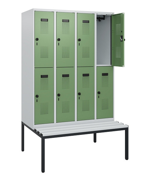 C+P Doppelstöckiger Spind Evolo PLUS, Bank, 8 Fächer, 1950x1200x815mm, 7035/6011, Drehriegel, Sitzfläche Kunststoff, Sitzbank, 0493505-40 S10101