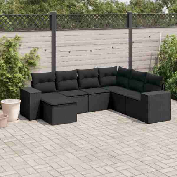 vidaXL 7-tlg. Garten-Sofagarnitur mit Kissen Schwarz Poly Rattan, UV-beständig, 3222894