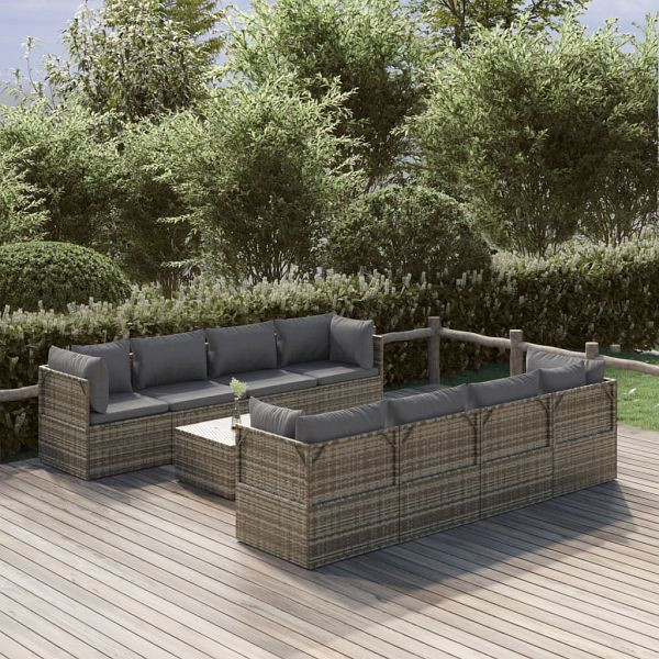 vidaXL 9-teilig Garten-Lounge-Set mit Kissen Grau Poly Rattan, 3157479