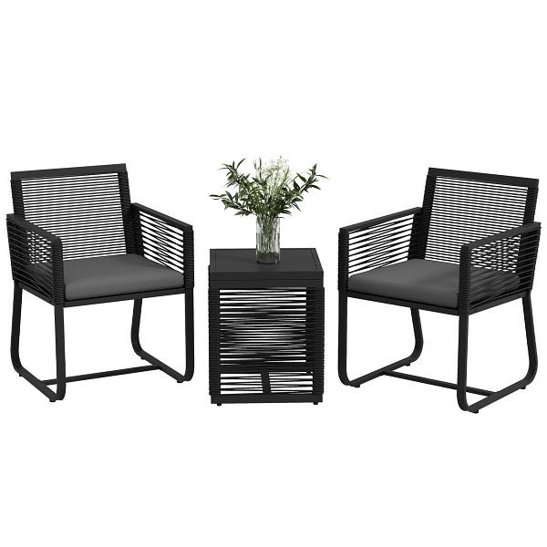Outsunny 3-teiliges Bistro-Set Balkon-Set Terrassen-Set, wetterbeständig, modernes Design, 53 cm x 57 cm x 77 cm, Schwarz + Grau, 863-140V00BK