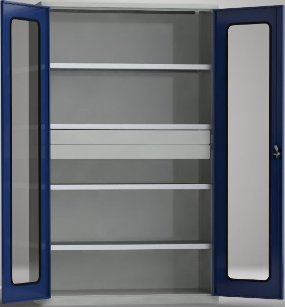 KLW Universalschrank abschließbar, Acrylglas, 2000x1200x605mm, 4 verstellbare Fachböden, 2 mittige Schubladen 125mm, 7FN-QA2000FD-0001XRB