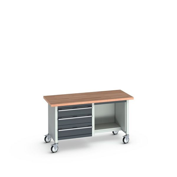 bott cubio Kastenwerkbank mobil 3 Schubladen, Rotbuche-Arbeitsplatte, BxTxH: 1500x750x840mm, RAL 7035/7016, Anthrazitgrau, 41002116.19V