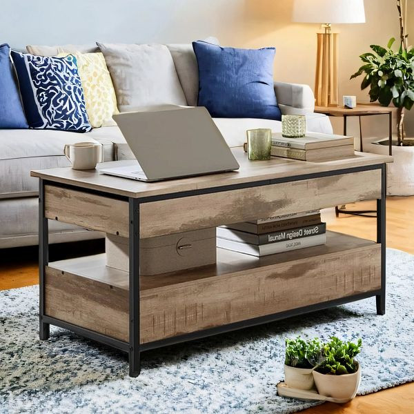 VASAGLE Couchtisch mit Lift-up-Top, Wohnzimmertisch, Aufbewahrungsschubladen, versteckte Fächer und offenes Regal, Kamelbraun und Tintenschwarz, LCT209K02