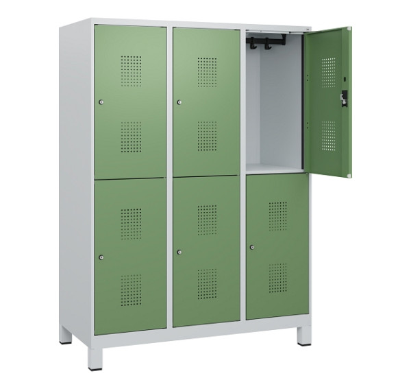 C+P Doppelstöckiger Spind Evolo PLUS, Füße, 6 Fächer, 1630x1200x500mm, 7035/6011, Zylinderschloss, 0493105-32 S10037