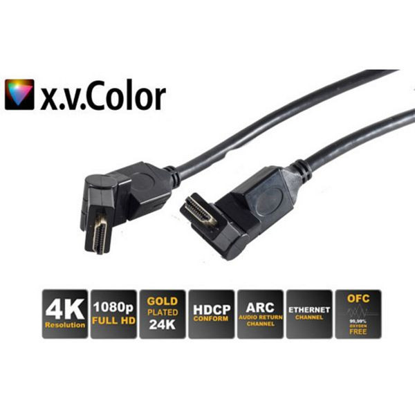 S-Conn HDMI A-Stecker winkelbar auf HDMI A-Stecker winkelbar, 360° drehbarer Stecker, vergoldete Kontakte, Full HD, ULTRA HD, 3D, HEAC, 5,0m, 77475-9