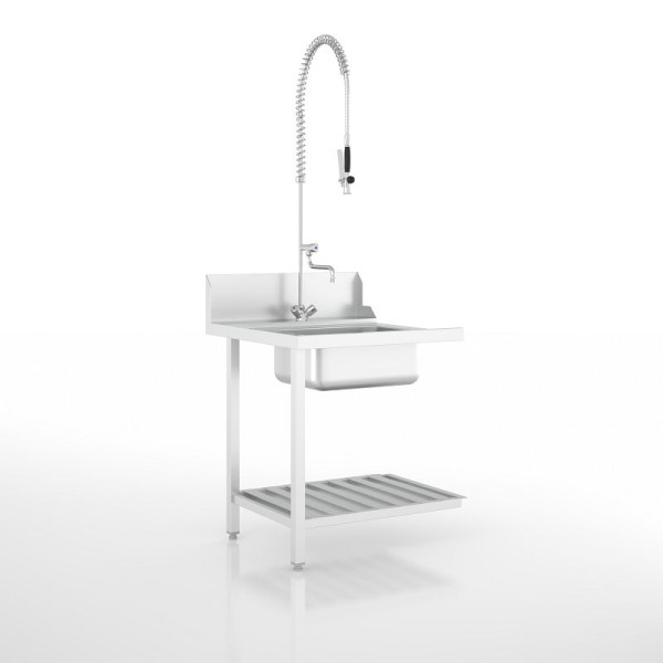 Ackermann Spülmaschinen Zulauftisch mit Becken 750x800x875 mm - H-Linie, Anbau links/front, Unterbau mit Ablagerosten, 9021115