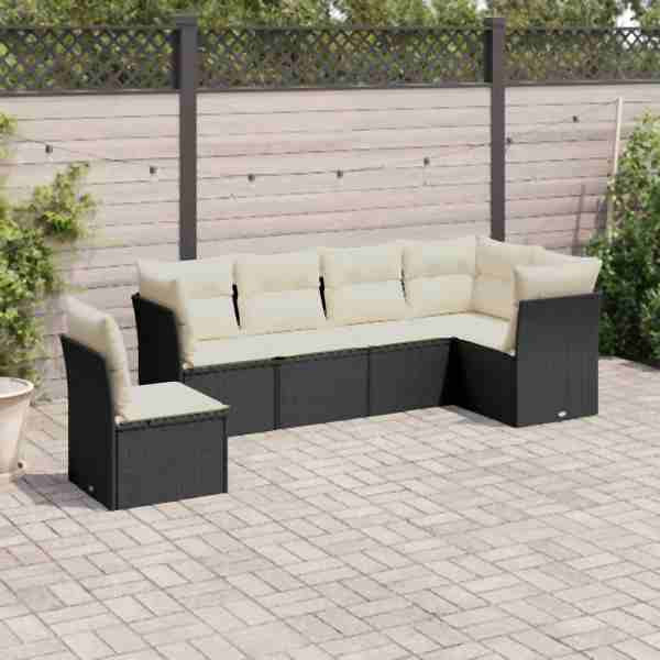 vidaXL 6-tlg. Garten-Sofagarnitur mit Kissen Schwarz Poly Rattan, UV-beständig, 3217696